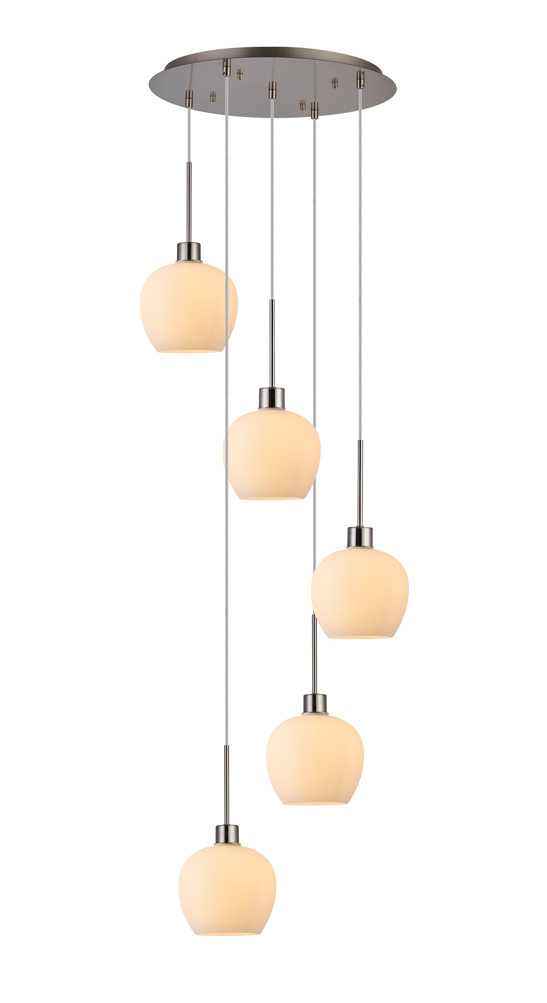 DK1386  Lori 45cm Round Pendant, 5 Light Adjustable E27, Satin Nickel/Opal Wine Shades